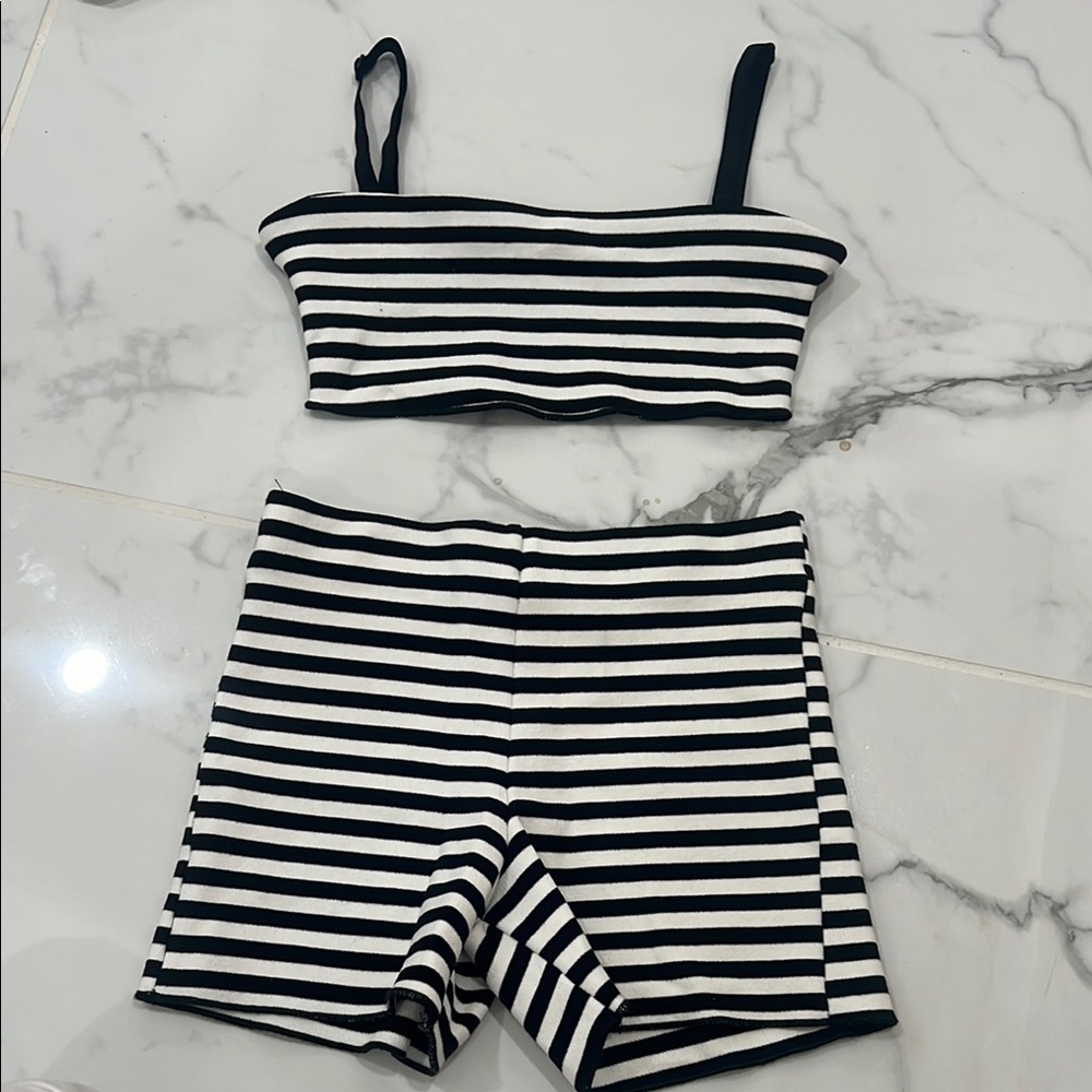 Zara Black and White Striped High Waist Short Set